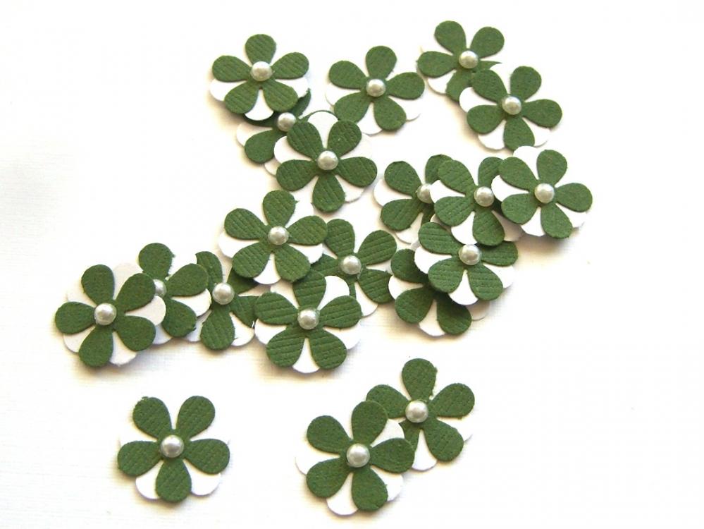 Teeny Tiny Forest Green and White Flowers - Set of 20