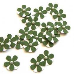 Teeny Tiny Forest Green and White Flowers - Set of 20
